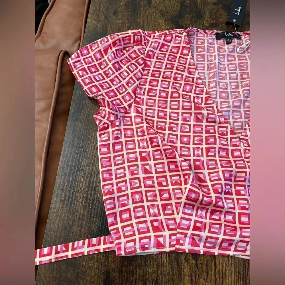 Lulus Red Multi Print Satin Short Sleeve Wrap Top - Picture 6 of 12